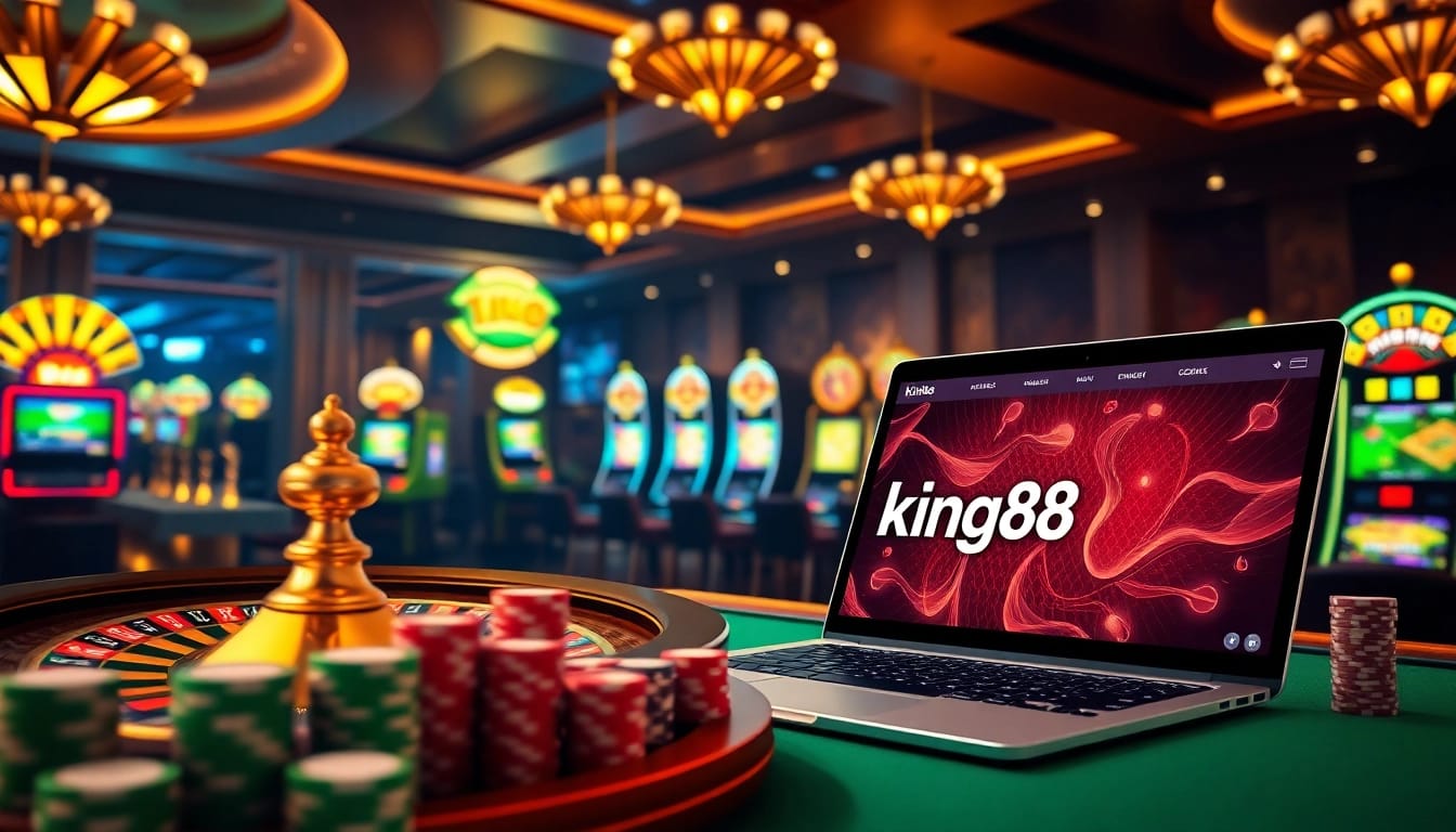 Experience thrilling gameplay at king88 with vibrant casino elements like roulette wheels and poker chips.