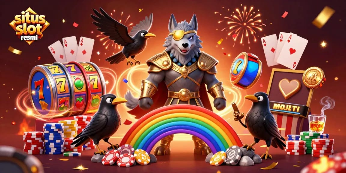 Situs slot resmi featuring an engaging scene with Odin wolf and ravens in a casino-themed setting