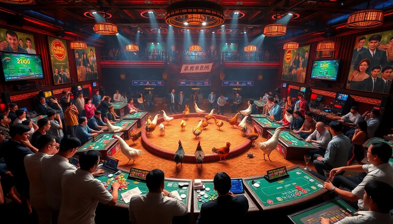 Witness the intense Đá Gà FB88 crowd cheering during a thrilling chicken fight, featuring vibrant betting details.
