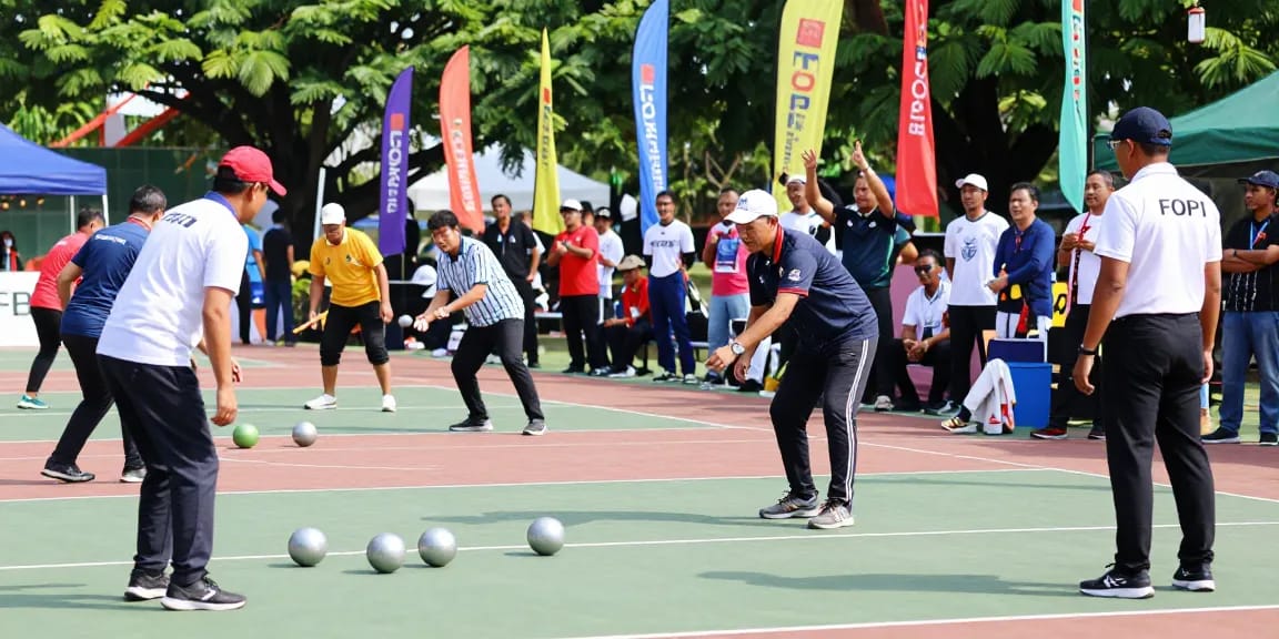 Petanque athletes in friendly competition at FOPI Kota Palopo, showcasing fopikotapalopo.org sportsmanship and community.