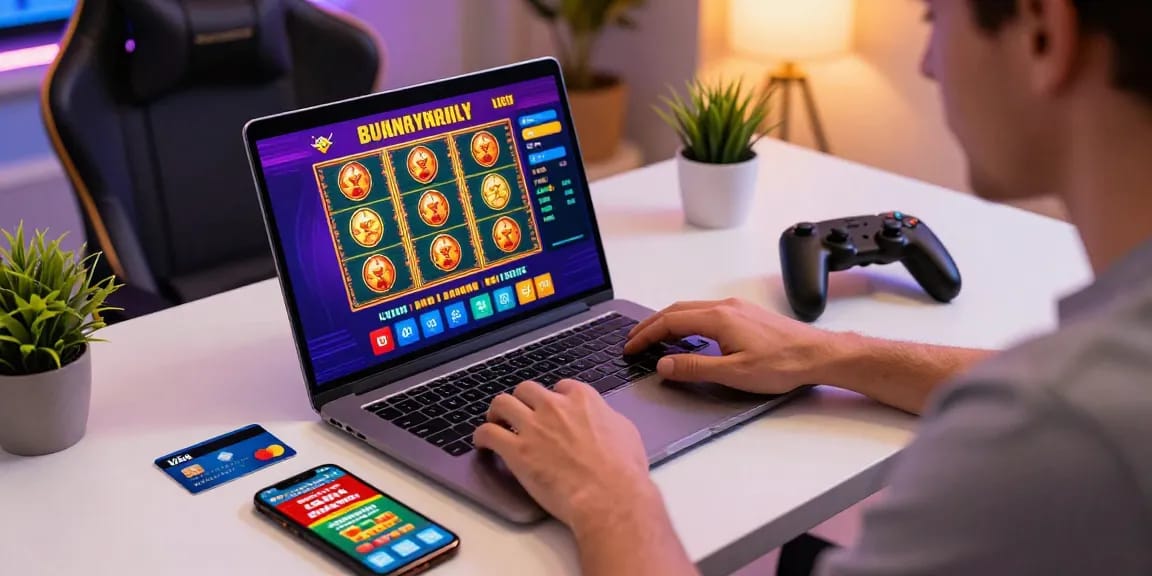 Exciting online casinos that accept credit cards scene with a vibrant gaming setup, featuring slot games, credit cards, and a cozy atmosphere.