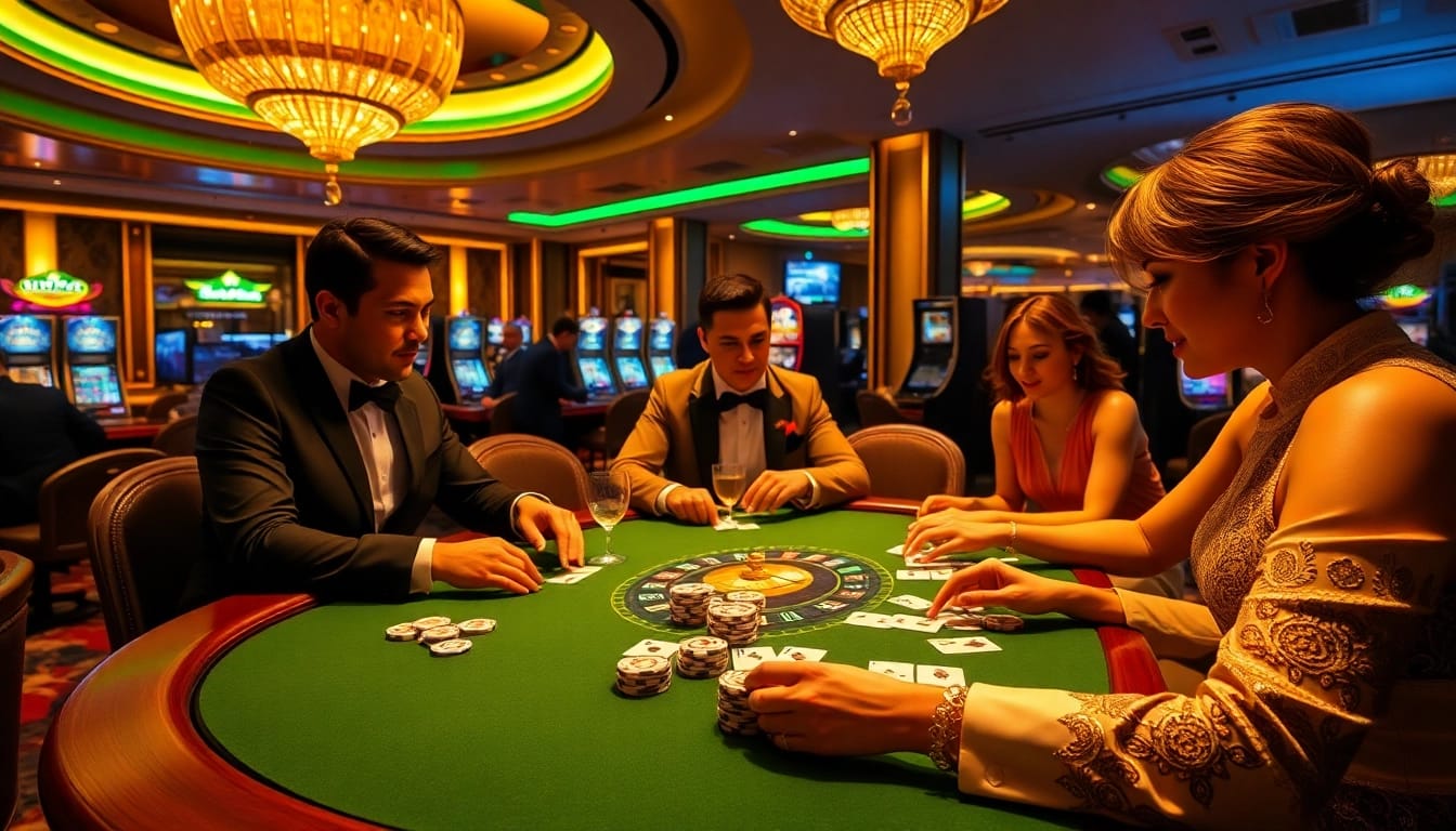 Players enjoying a thrilling game of poker at 789CLUB surrounded by luxurious casino elements.