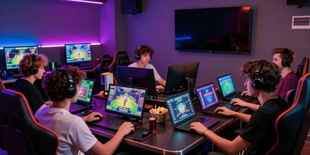 Exciting gaming lounge with friends playing casino non gamstop games.