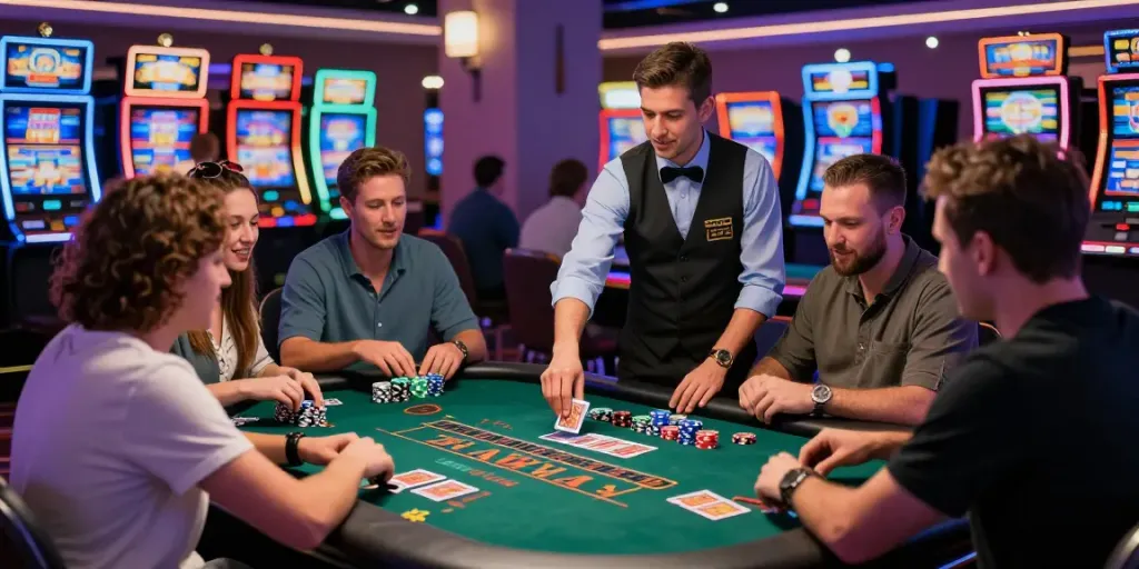 Casino non GamStop players enjoying a lively gaming experience at a vibrant table with colorful chips and cards.
