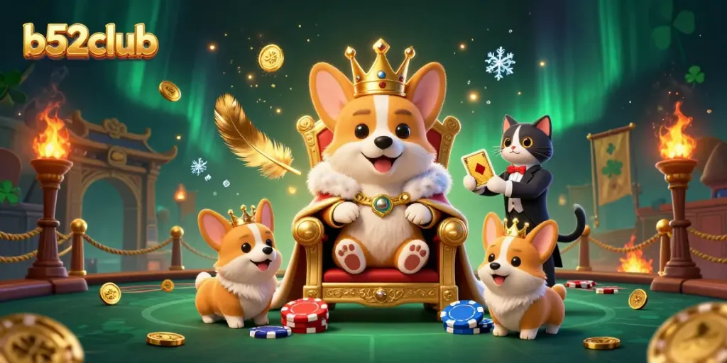 Experience the rich casino world of b52club with a royal corgi, surrounded by gaming elements.