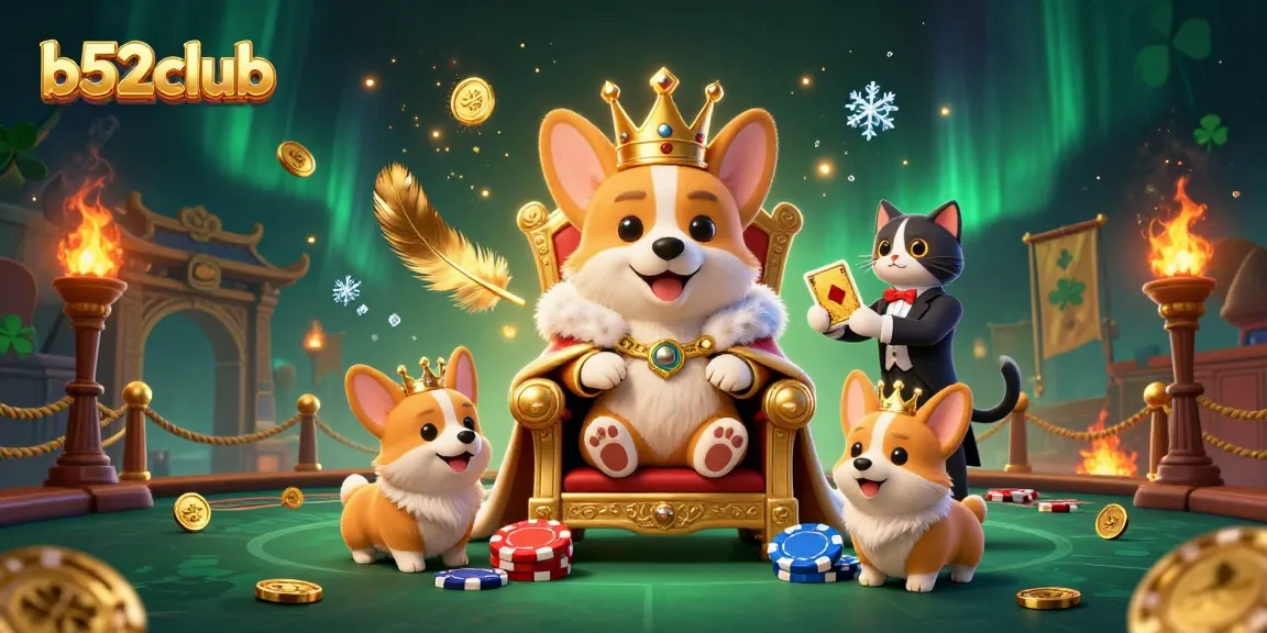 Experience the rich casino world of b52club with a royal corgi, surrounded by gaming elements.