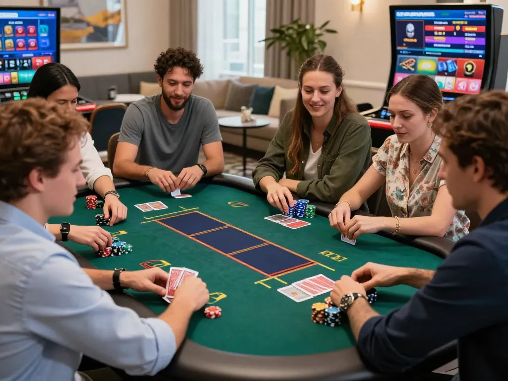 Exciting gaming experience at casino non Gamstop with diverse players engaging in lively conversation and gameplay.