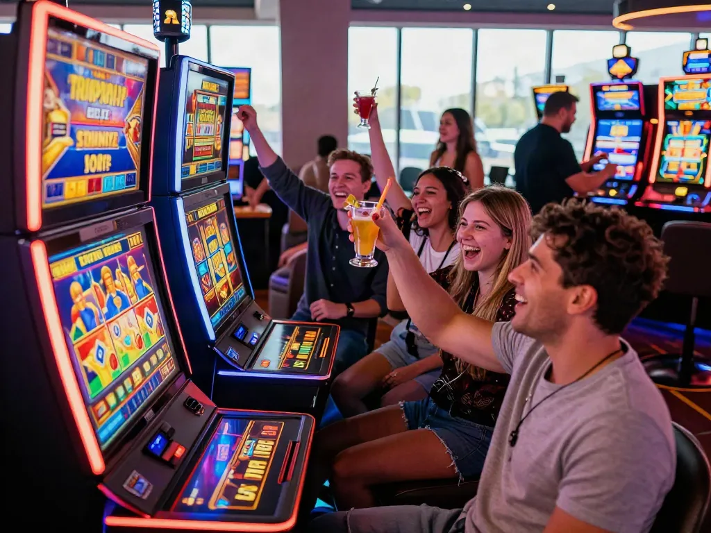 Casino non Gamstop scene with friends celebrating at vibrant slot machines in a lively casino atmosphere.