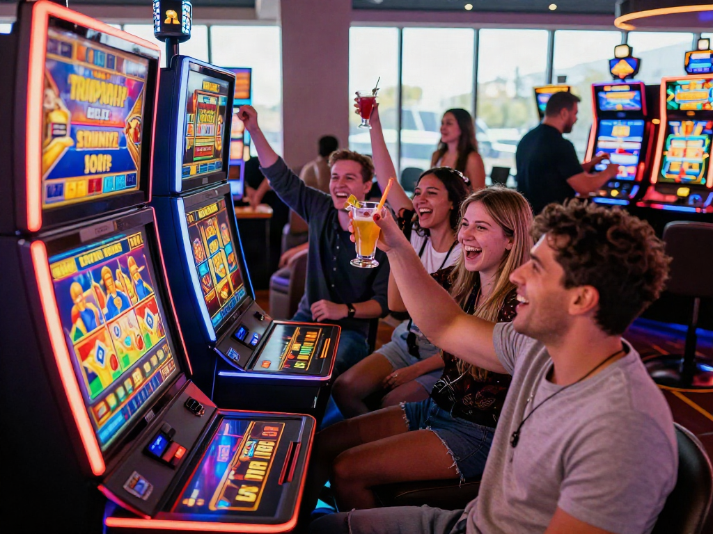Casino non Gamstop scene with friends celebrating at vibrant slot machines in a lively casino atmosphere.
