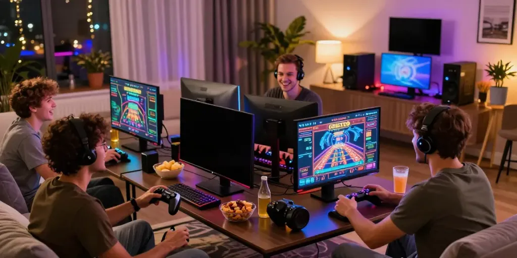 Friends enjoying a thrilling casino non gamstop game in a vibrant living room.