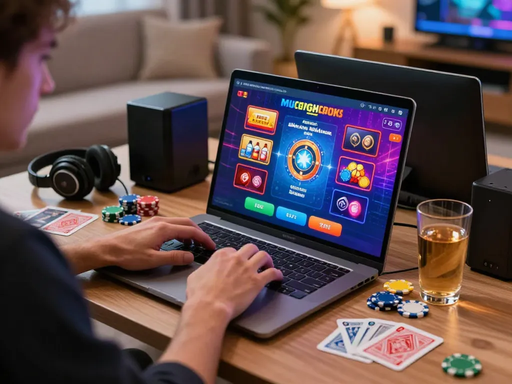 Player enjoying casino non gamstop games on laptop in cozy living room.