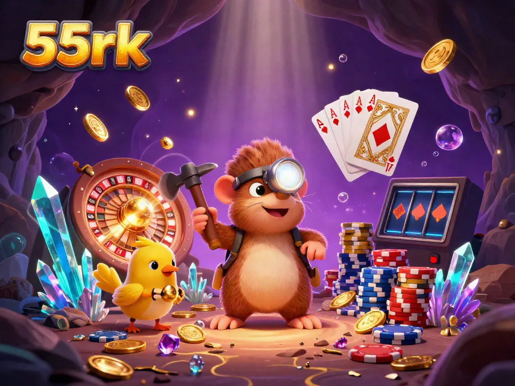 Cascade of shimmering gems and coins with 55rk's treasure hunter mole and canary in a vibrant casino scene.