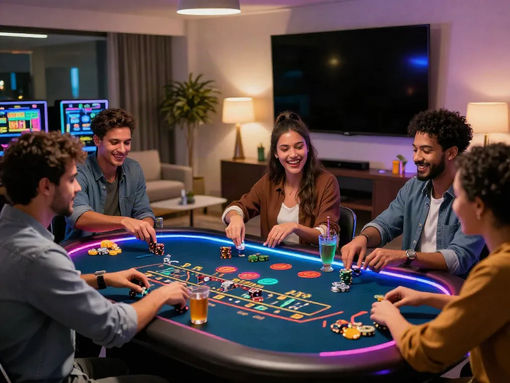Casino non gamstop enthusiasts enjoying games in a lively modern setting.