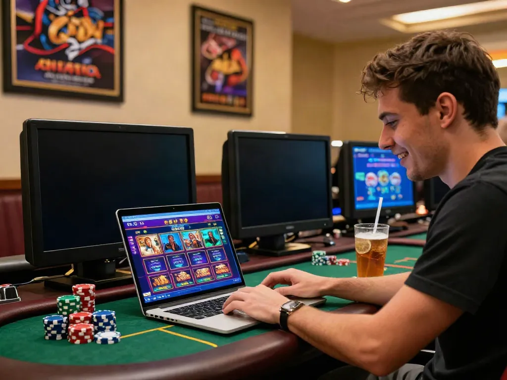 Player enjoying casino non gamstop gaming experience at home with vibrant interface and poker chips.