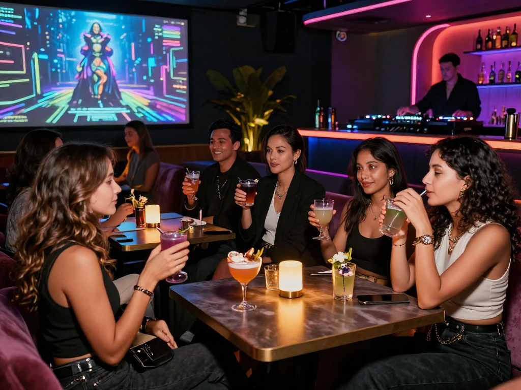 Group of friends enjoying AI-infused adult entertainment in a trendy bar, showcasing vibrant nightlife and cocktails, complementing the theme of ai nsfw.