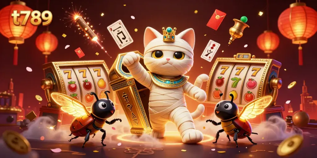 Win big with t789 at a vibrant pyramid casino, featuring an Egyptian mummy cat and exciting slot reels.