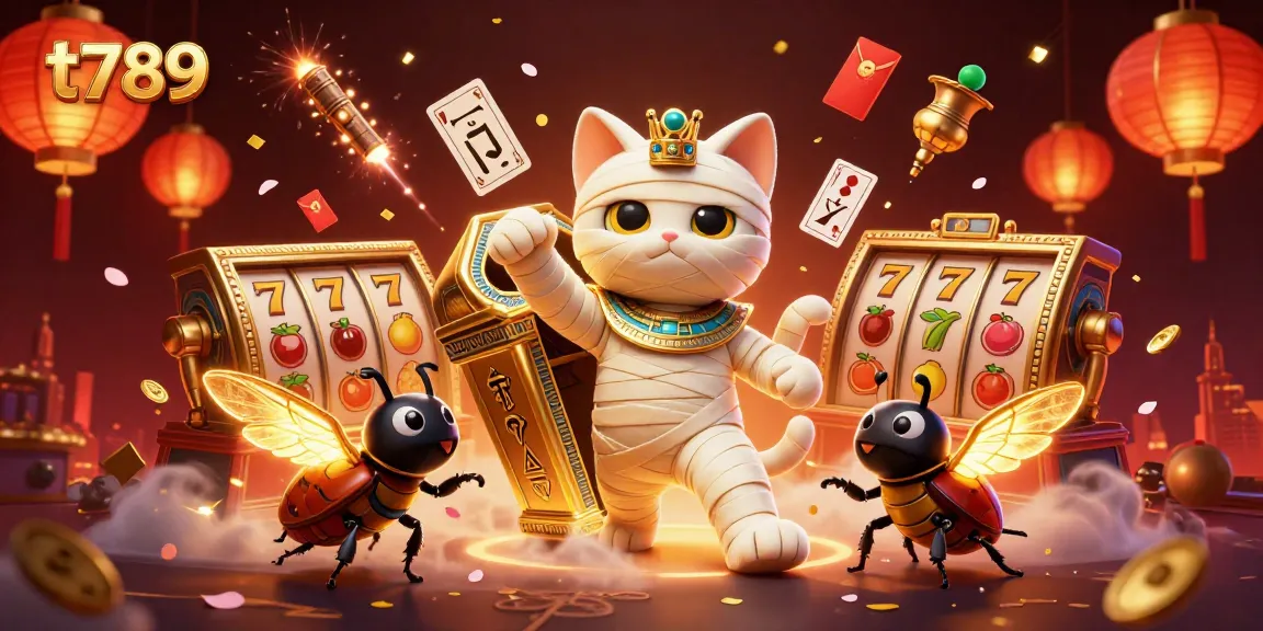 Win big with t789 at a vibrant pyramid casino, featuring an Egyptian mummy cat and exciting slot reels.