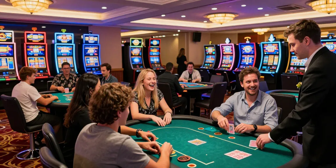 Exciting casino non GamStop gaming scene with players enjoying various tables and vibrant slot machines.