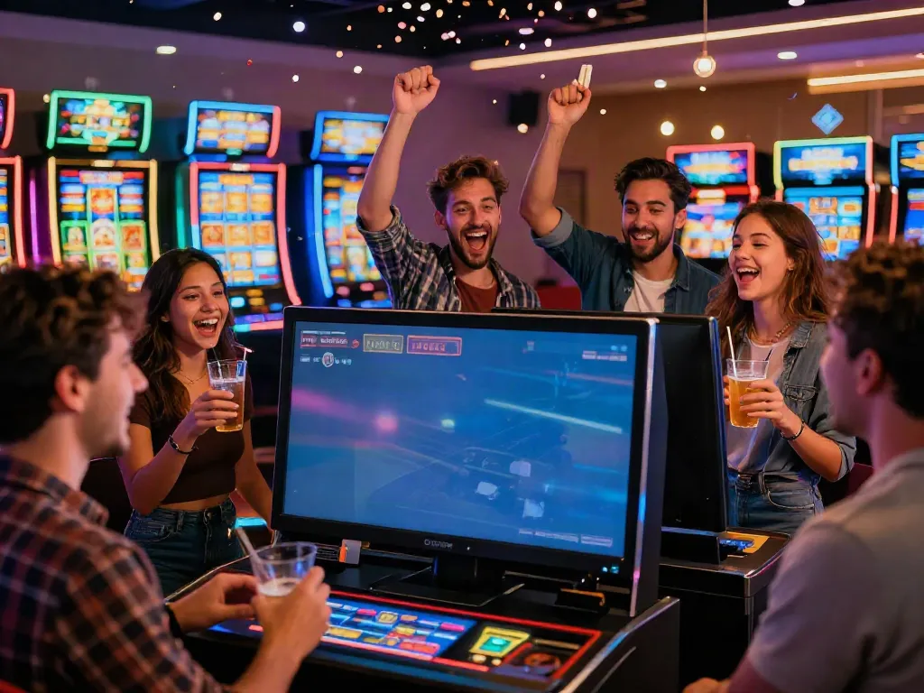Friends celebrating a casino non gamstop win in a lively setting.