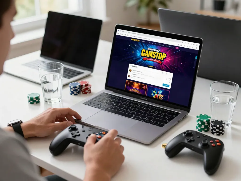 Engaging interior view of a home workspace with gaming elements highlighting casino non gamstop experience.