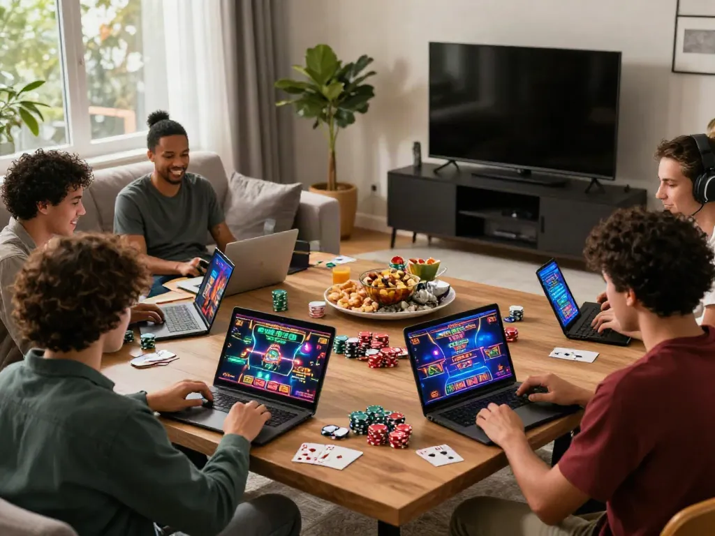 Players enjoying a lively casino non gamstop experience in a stylish living room.