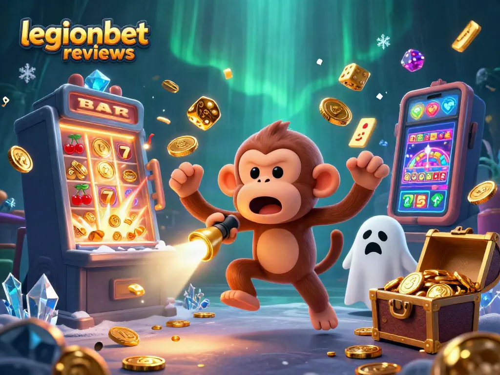 Engage with legionbet reviews featuring a playful monkey haunting a casino, surrounded by vibrant gaming icons.