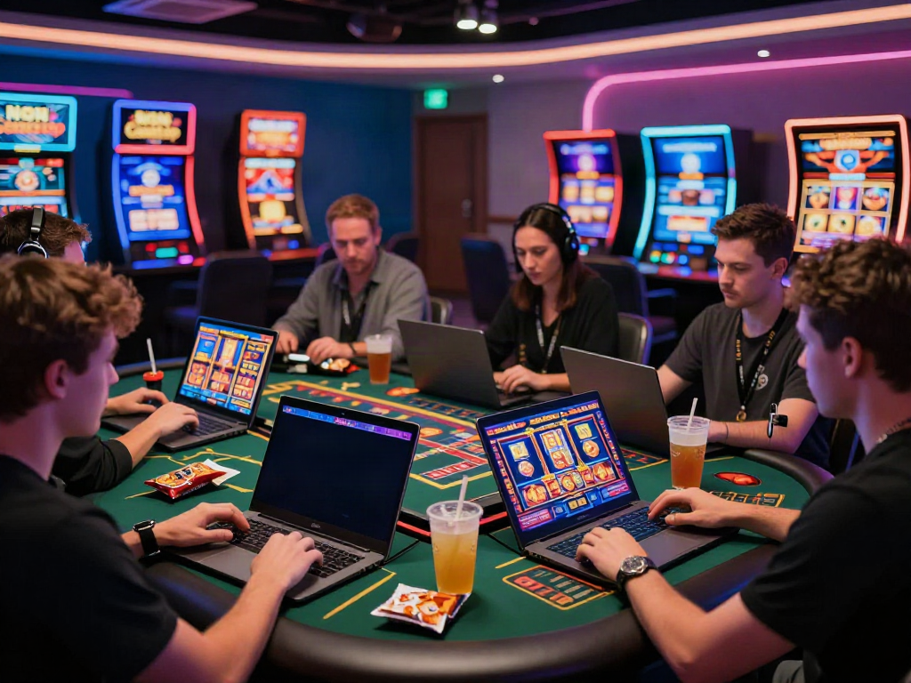 Players enjoying casino non Gamstop games in a vibrant gaming lounge.
