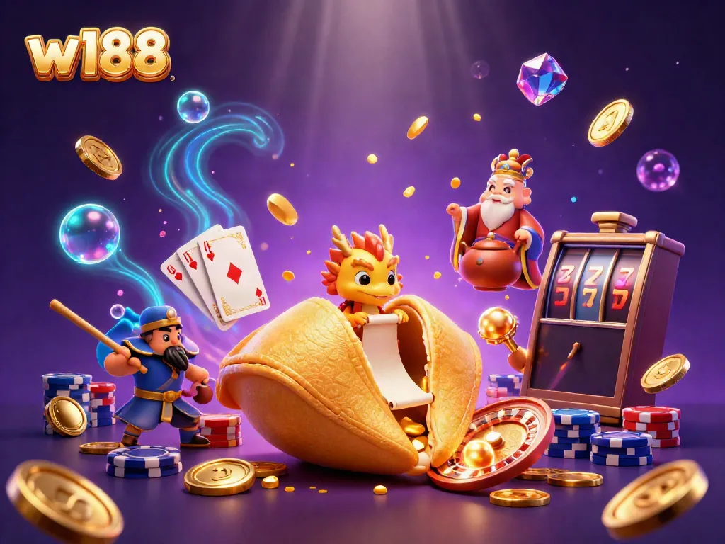 Experience thrilling gameplay at w188 with a giant golden fortune cookie and casino treasures.