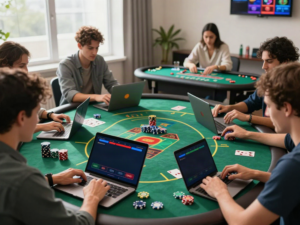 Exciting online gaming scene showcasing players enjoying casino non gamstop games on laptops and mobile devices.