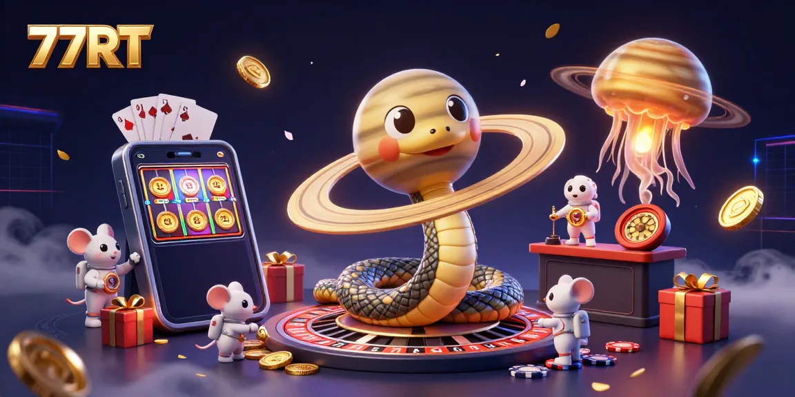 Engage with 77RT's lively gaming scene featuring a cosmic roulette and fun bet-placing mice.