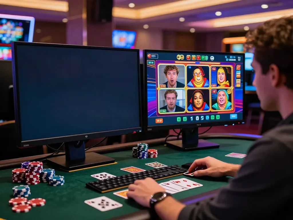 Exciting player engaging with live dealer in a casino non gamstop online gaming setup.