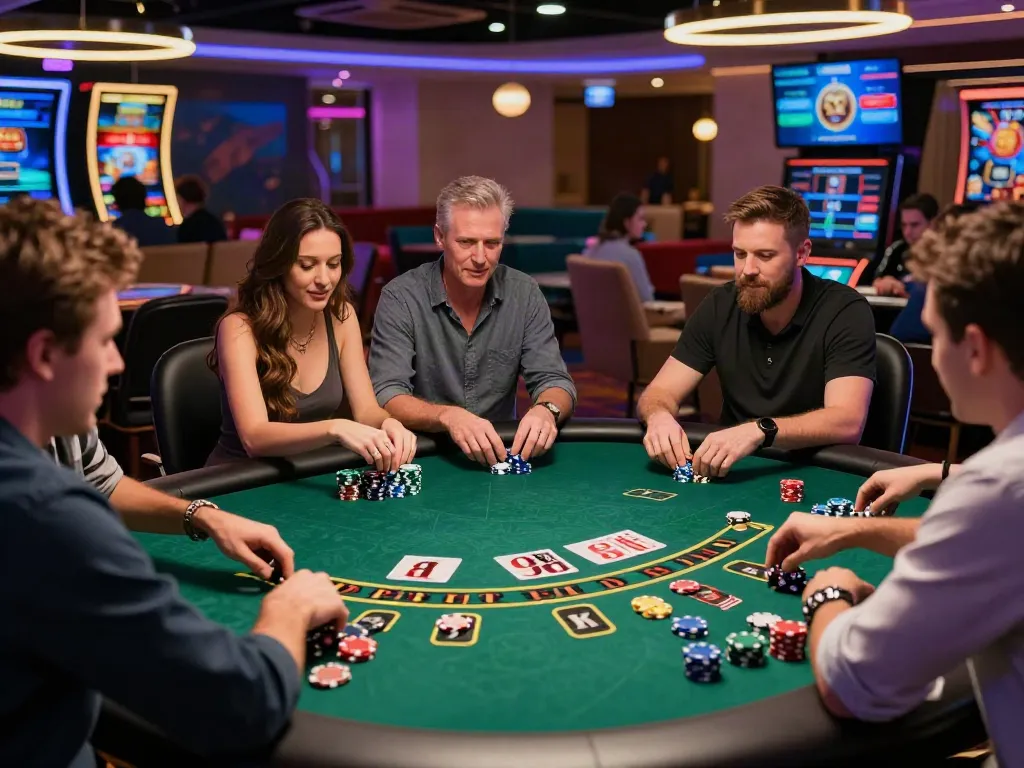Players enjoying a lively blackjack game at a casino non gamstop environment with vibrant lighting.