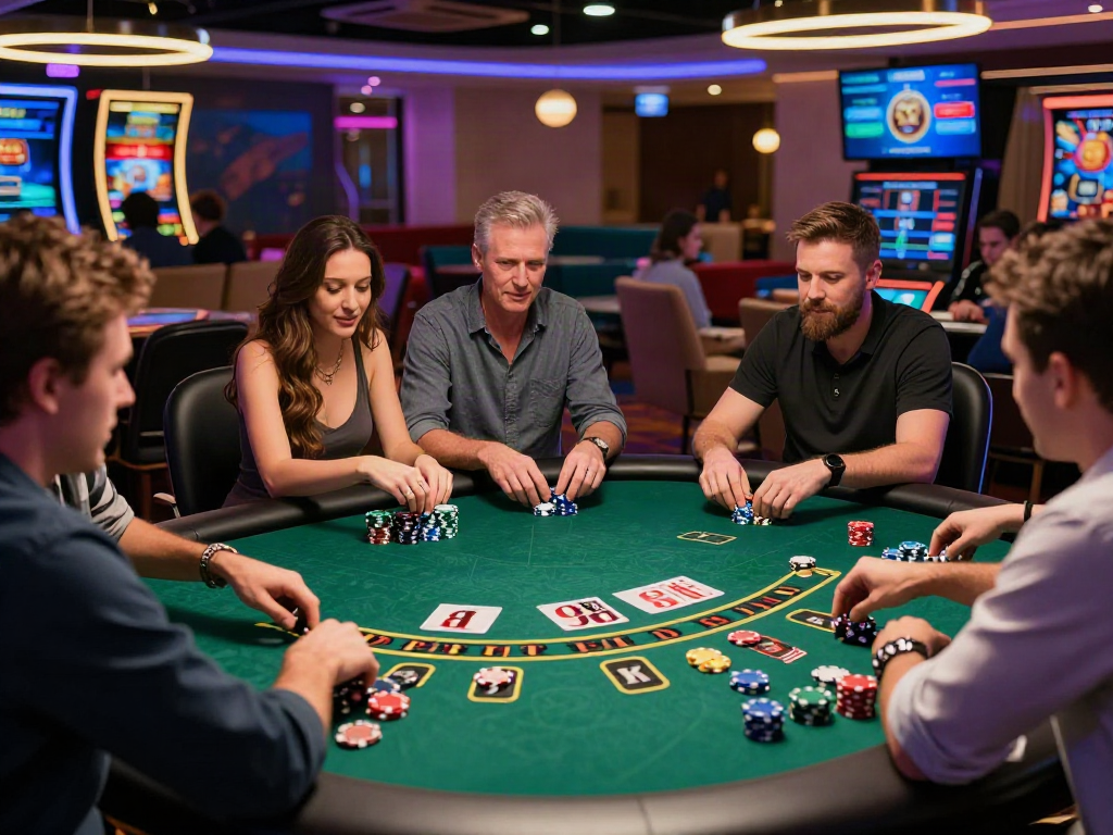 Players enjoying a lively blackjack game at a casino non gamstop environment with vibrant lighting.