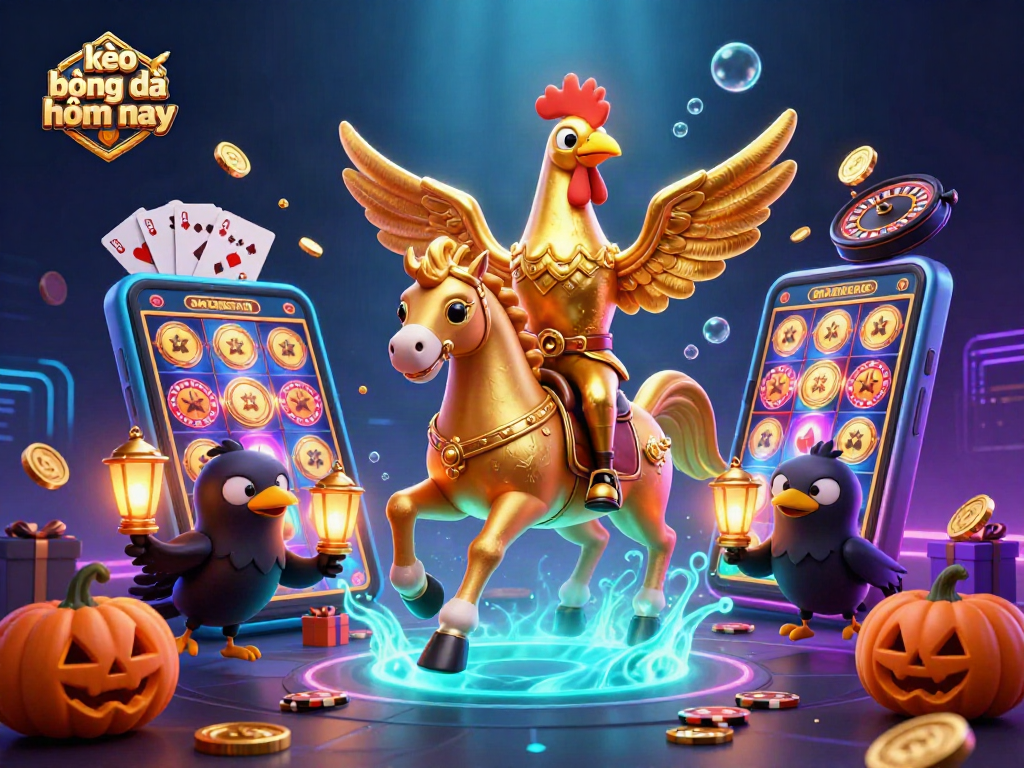 Engage with kèo bóng đá hôm nay in a vibrant casino-themed illustration featuring dynamic characters and game elements.