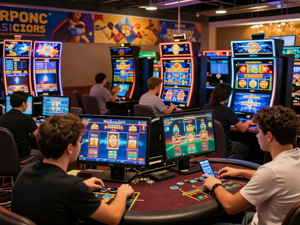 Casino non GamStop players enjoying vibrant games on various devices, highlighting excitement in a lively atmosphere.