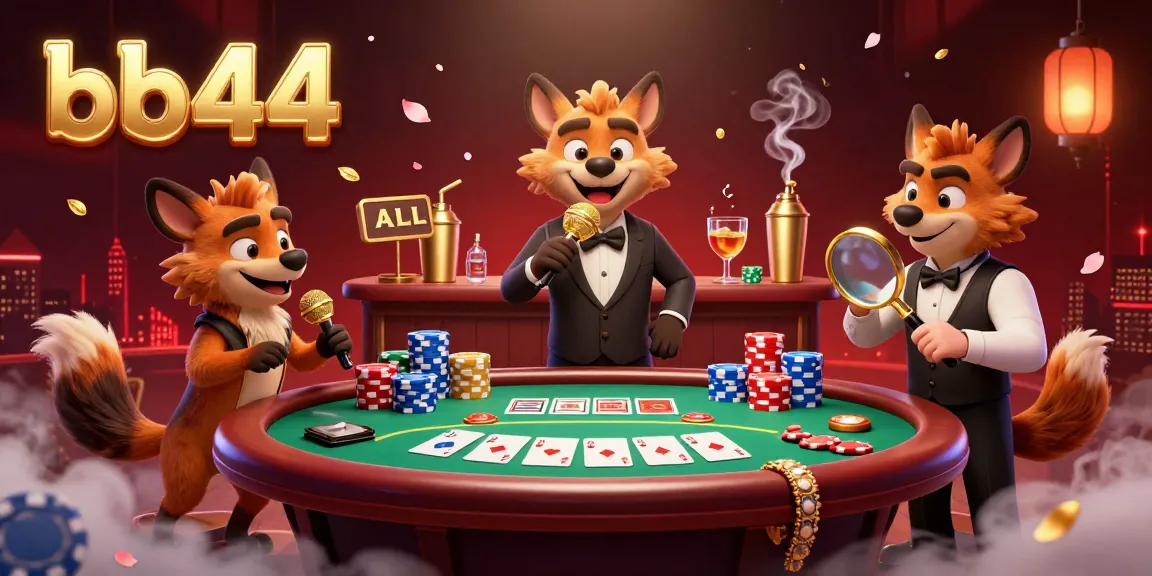 Hyenas entertain in a vibrant comedy casino club scene representing bb44, with poker elements and dynamic lighting.
