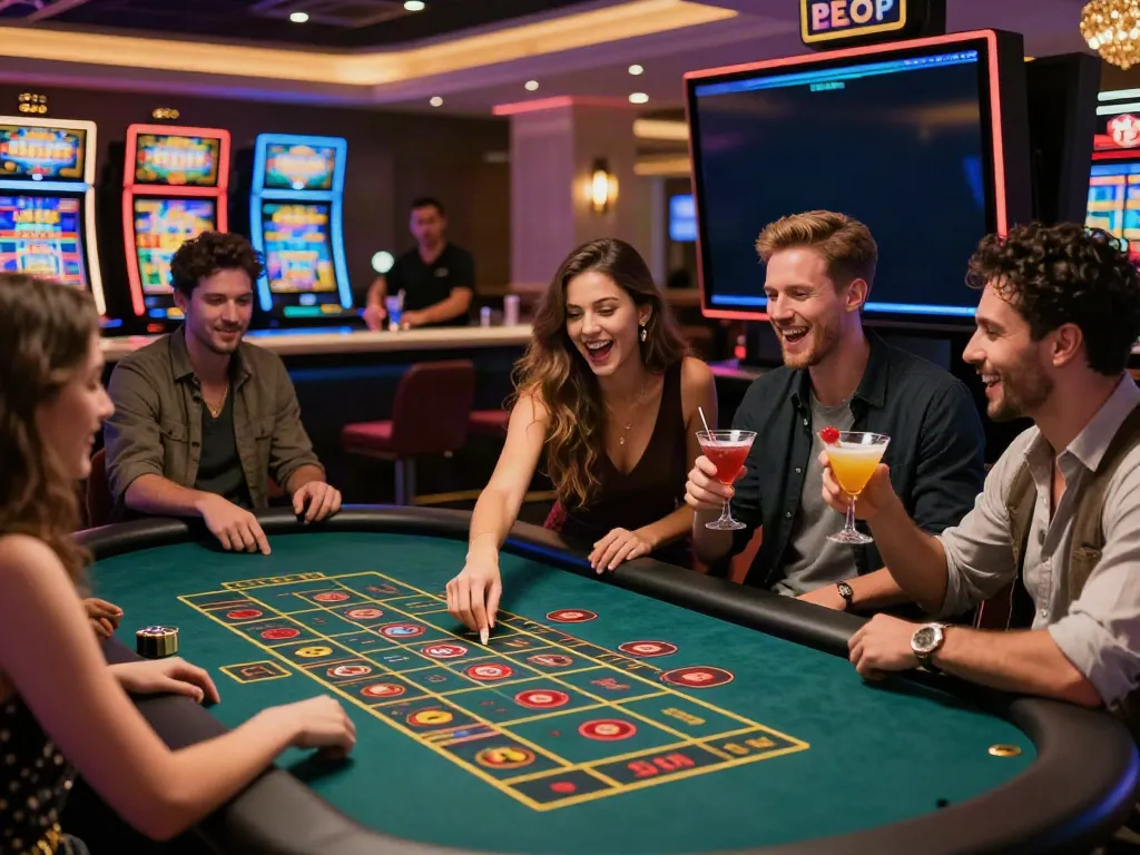 Casino non Gamstop gaming scene with friends at a roulette table, showcasing excitement and vibrant atmosphere.
