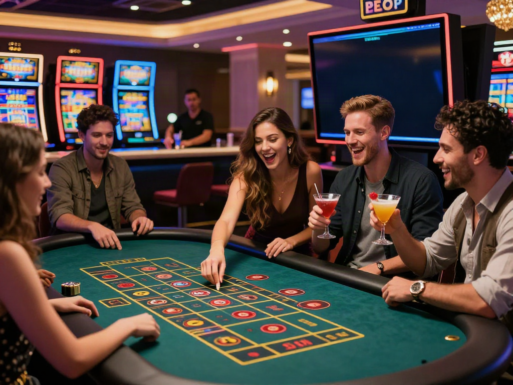 Casino non Gamstop gaming scene with friends at a roulette table, showcasing excitement and vibrant atmosphere.