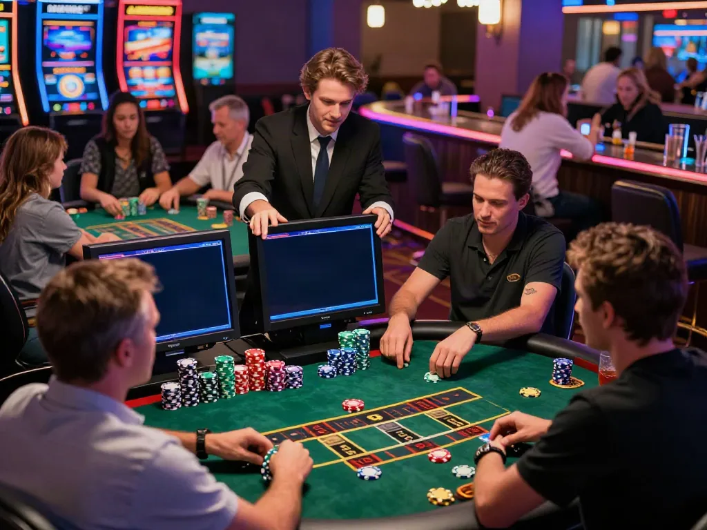 Exciting casino non gamstop scene with players at gaming tables, vibrant colors, and lively atmosphere.