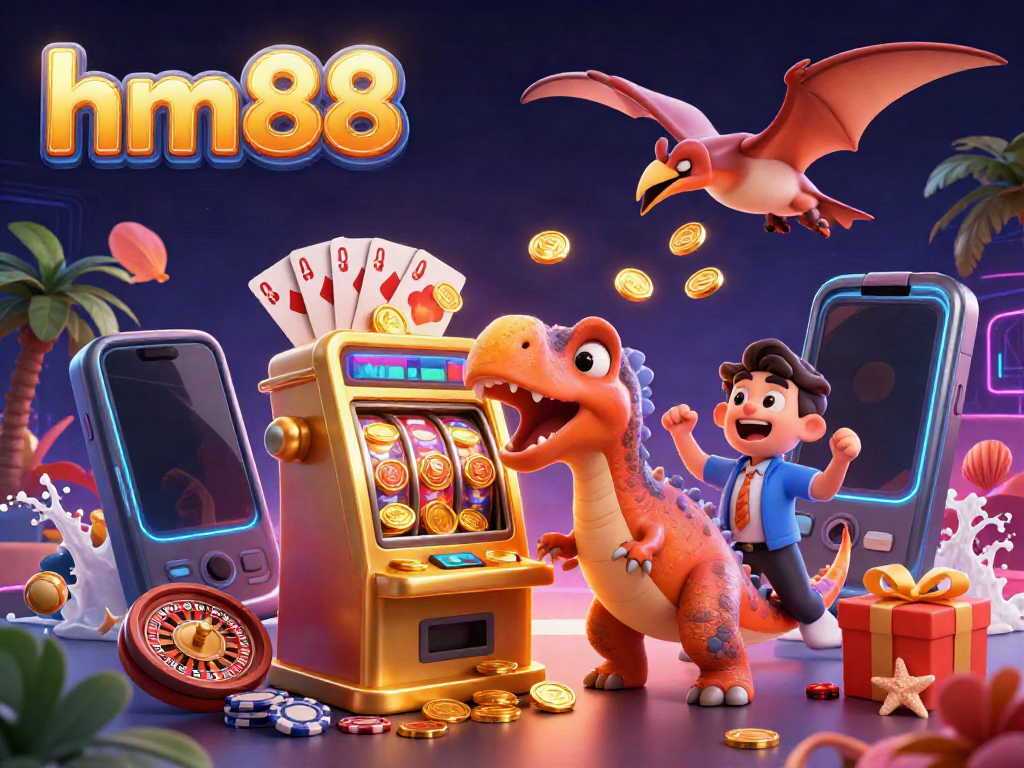 Experience the excitement at HM88 with a dramatic scene of colorful casino elements, capturing the thrill of jackpots