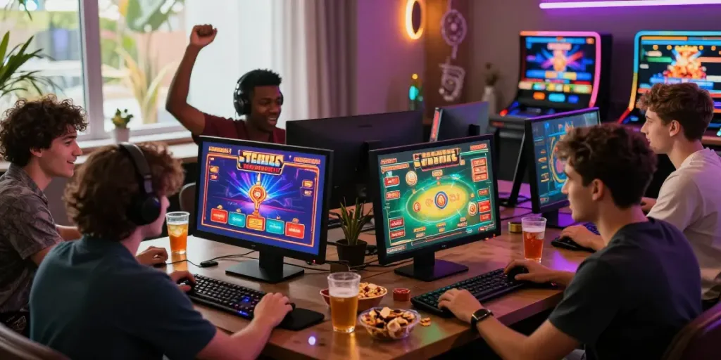 Exciting group gaming session at a casino non Gamstop, showcasing lively atmosphere and colorful graphics.