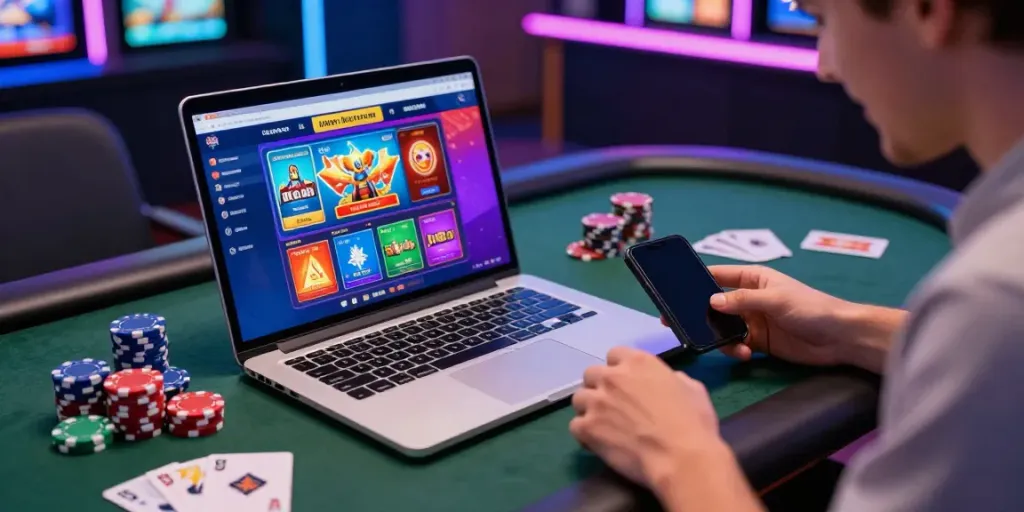 Exciting gaming atmosphere showcasing a laptop displaying casino non gamstop games with chips and cards.