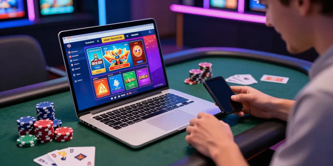 Exciting gaming atmosphere showcasing a laptop displaying casino non gamstop games with chips and cards.