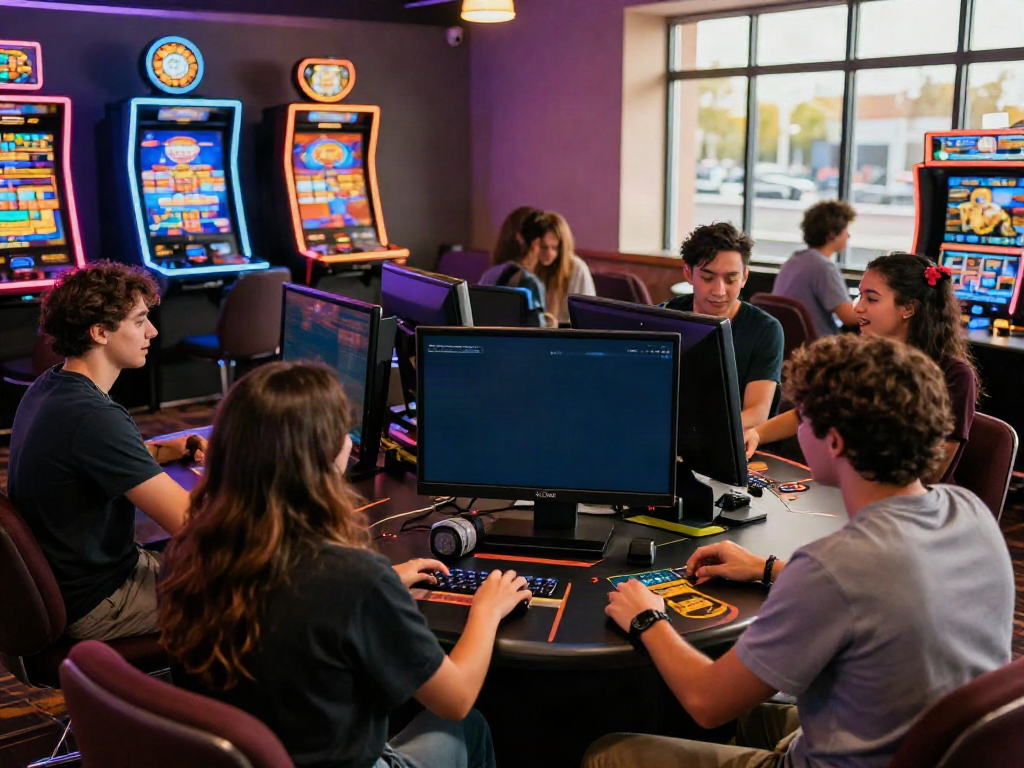 Group of friends enjoying gaming at a casino non gamstop, vibrant atmosphere with neon lights and screens.