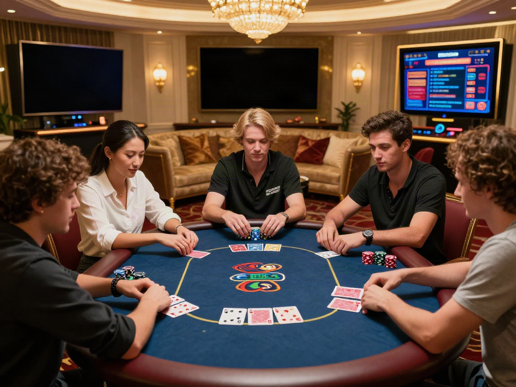 Exciting casino non GamStop scene with players at poker table, vibrant decor, and immersive atmosphere.