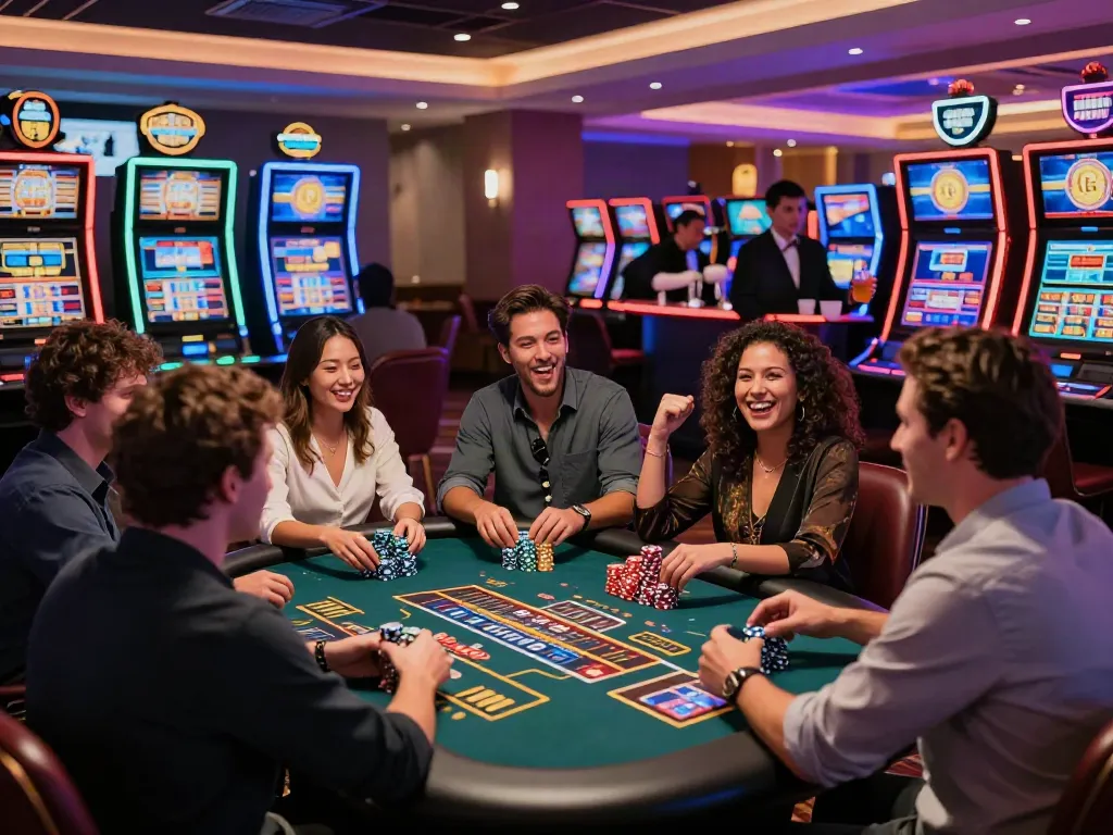 Casino non GamStop scene with players enjoying fast payouts and engaging gaming experiences.