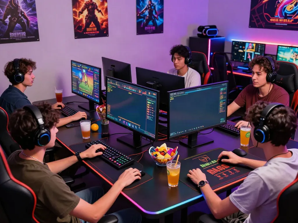 Friends enjoying casino non gamstop game on a dual-screen setup with colorful lighting