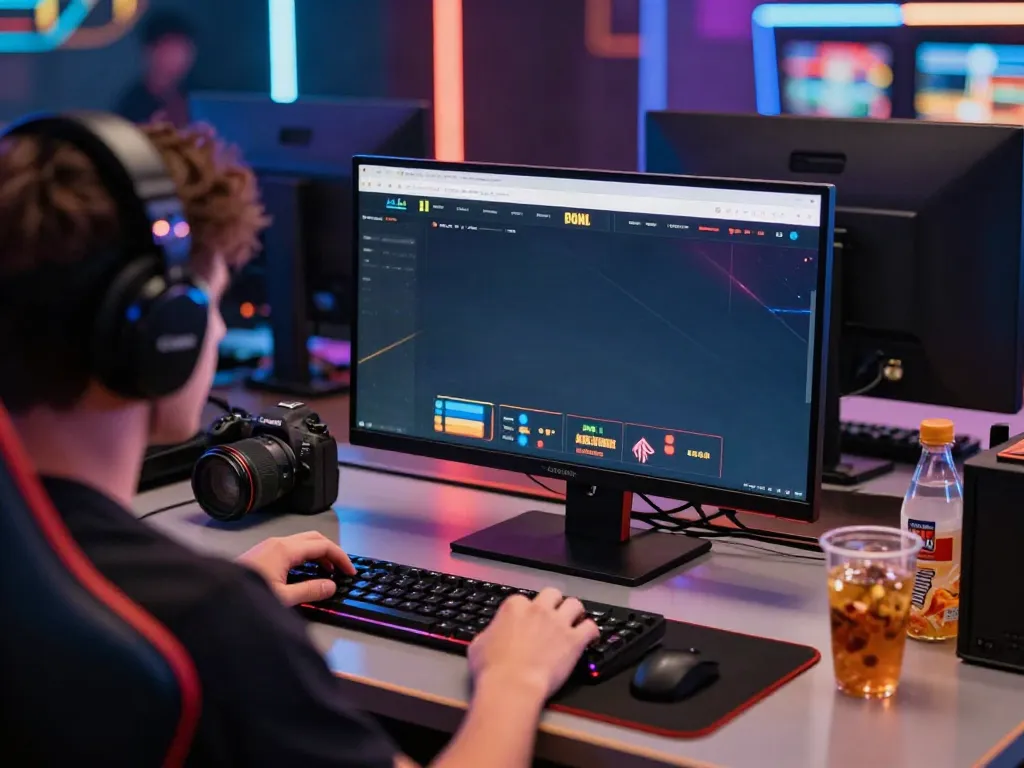 Engaging player enjoying a casino non Gamstop game session on a vibrant laptop setup, amidst colorful LED lights.