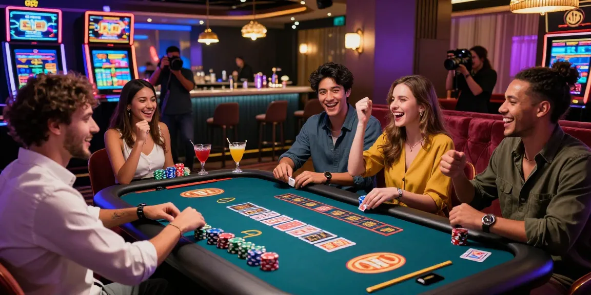 Casino non GamStop celebration scene with friends enjoying gaming and cocktails.