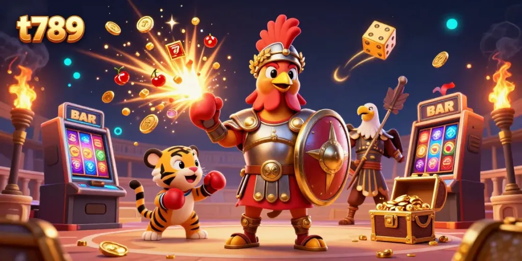 Watch the t789 gladiator rooster winning big with a slot machine and thrilling casino action.